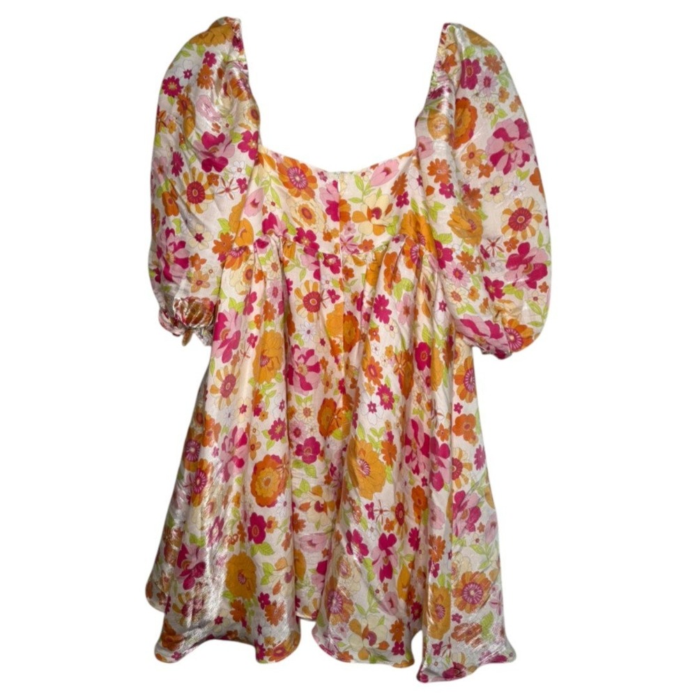 Storia Floral Metallic Puff Sleeve Babydoll Mini Dress Pink Orange Small - Picture 3 of 6